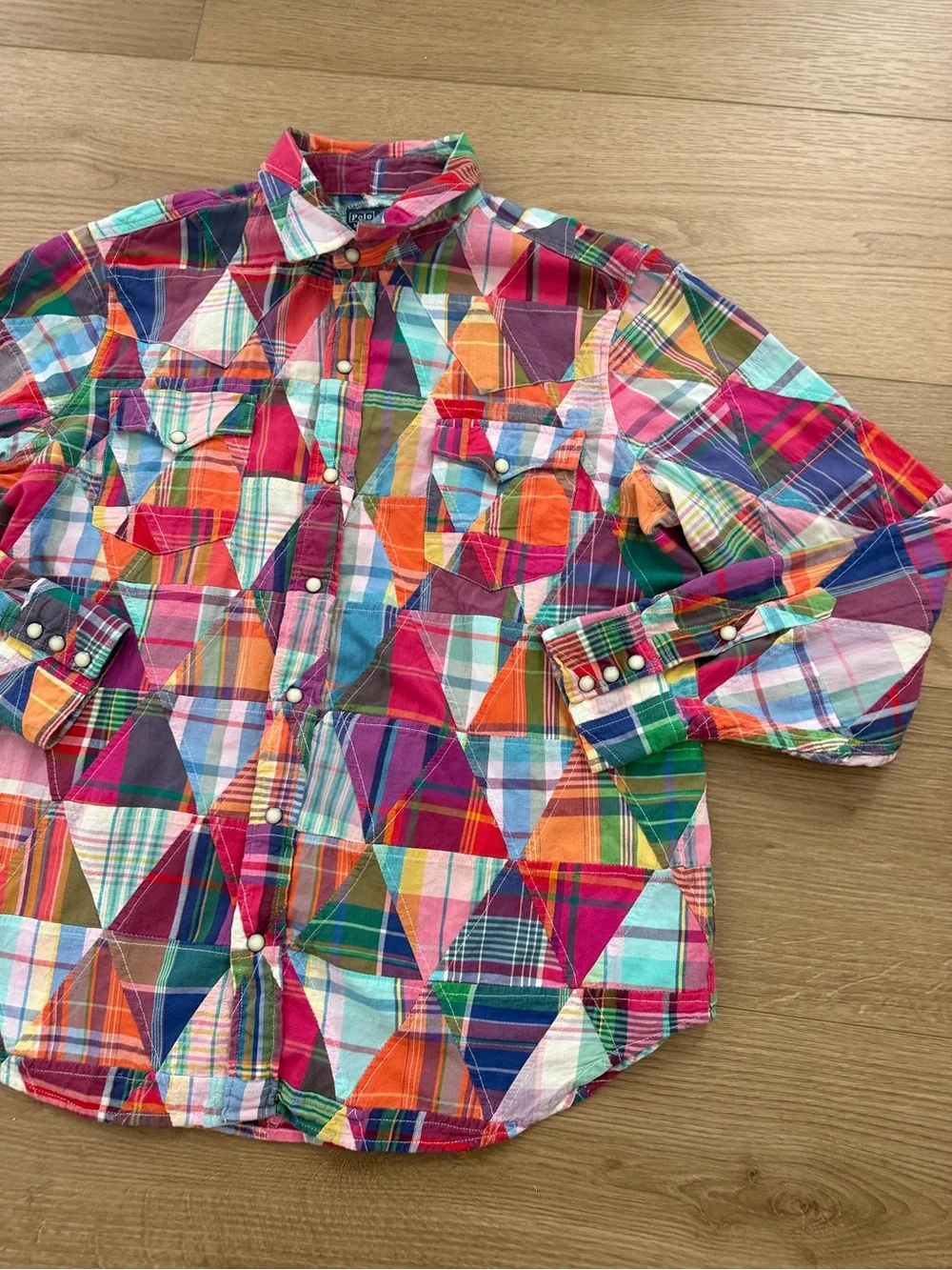 Polo Ralph Lauren Patchwork Plaid Western Snap Shirt Mens XL Long Sleeve Vintage